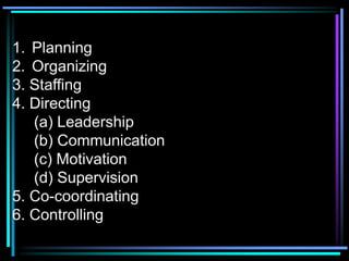1. Planning
2. Organizing
3. Staffing
4. Directing
(a) Leadership
(b) Communication
(c) Motivation
(d) Supervision
5. Co-coordinating
6. Controlling
 