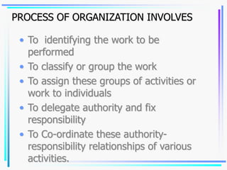 PROCESS OF ORGANIZATION INVOLVES
• To identifying the work to be
performed
• To classify or group the work
• To assign these groups of activities or
work to individuals
• To delegate authority and fix
responsibility
• To Co-ordinate these authority-
responsibility relationships of various
activities.
 