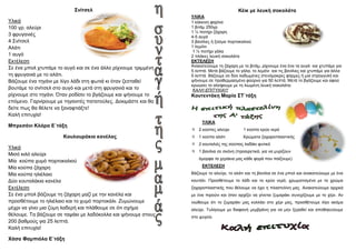 ΢λίηζει
Τιηθά
100 γξ. αιεύξη
3 θξπγαληέο
4 ΢λίηζει
Αιάηη
1 απγό
Δθηέιεζε
΢ε έλα κπνι ρηππάκε ην απγό θαη ζε έλα άιιν ξίρλνπκε ηξηκκέλε
ηε θξπγαληά κε ην αιάηη.
Βάδνπκε έλα ηεγάλη κε ιίγν ιάδη ζηε θσηηά θη όηαλ δεζηαζεί
βνπηάκε ην ζλίηζει ζην απγό θαη κεηά ζηε θξπγαληά θαη ην
ξίρλνπκε ζην ηεγάλη. Όηαλ ξνδίζεη ην βγάδνπκε θαη ςήλνπκε ην
επόκελν. Γαξλίξνπκε κε ηεγαληηέο παηαηνύιεο. Γνθηκάζηε θαη ζα
δείηε πσο ζα ζέιεηε λα μαλαθηηάμηε!
Καιή επηηπρία!
Μπξεζάλη Κιάξα Δ΄ηάμε
Κνπινπξάθηα θαλέιαο
Τιηθά
Μηζό θηιό αιεύξη
Μία θνύπα ρπκό πνξηνθαιηνύ
Μία θνύπα δάραξε
Μία θνύπα ειηέιαην
Γύν θνπηαιάθηα θαλέια
Δθηέιεζε
΢ε έλα κπνι βάδνπκε ηε δάραξε καδί κε ηελ θαλέια θαη
πξνζζέηνπκε ην ειηέιαην θαη ην ρπκό πνξηνθάιη. Επκώλνπκε
κέρξη λα γίλεη κηα δύκε ιαδεξή θαη πιάζνπκε ζε όηη ζρήκα
ζέινπκε. Σα βάδνπκε ζε ηαςάθη κε ιαδόθνιια θαη ςήλνπκε ζηνπο
200 βαζκνύο γηα 25 ιεπηά.
Καιή επηηπρία!
Υάζα Φακπηόια Δ΄ηάμε
Κέηθ κε ιεπθή ζνθνιάηα
ΤΛΙΚΑ
1 θόθθηλε θαξίλα
1 βηηάκ 250γξ
1 ¼ πνηήξη δάραξε
4-5 απγά
3 βαλίιηεο ή μύζκα πνξηνθαιηνύ
1 ιεκόλη
1 ½ πνηήξη γάια
2 πιάθεο ιεπθή ζνθνιάηα
ΔΚΣΔΛΔ΢Η
Αλαθαηεύνπκε ηε δάραξε κε ην βηηάκ, ξίρλνπκε έλα έλα ηα απγά θαη ρηππάκε γηα
5 ιεπηά. Μεηά βάδνπκε ην γάια, ην ιεκόλη θαη ηηο βαλίιηεο θαη ρηππάκε γηα άιια
5 ιεπηά. Βάδνπκε ζε δύν ιαδσκέλεο ζηελόκαθξεο θόξκεο ή κηα ζηξνγγπιή θαη
ςήλνπκε ζε πξνζεξκαζκέλν θνύξλν γηα 50 ιεπηά. Μεηά ην βγάδνπκε θαη αθνύ
θξπώζεη ην αιείθνπκε κε ηε ιησκέλε ιεπθή ζνθνιάηα.
ΚΑΛΗ ΕΠΙΤΥΦΙΑ!!!
Κνπηεληάθε Μαξία ΢Σ΄ηάμε
ΤΛΙΚΑ
 2 θνύπεο αιεύξη 1 θνύπα θξύν λεξό
 1 θνύπα αιάηη Υξώκαηα δαραξνπιαζηηθήο
 2 θνπηαιηέο ηεο ζνύπαο ιαδάθη θπηηθό
 1 βαλίιηα ζε ζθόλε (πξναηξεηηθά, γηα λα κπξίδνπλ
όκνξθα ηα ρεξάθηα καο θάζε θνξά πνπ παίδνπκε)
ΔΚΣΔΛΔ΢Η
Βάδνπκε ην αιεύξη, ην αιάηη θαη ηε βαλίιηα ζε έλα κπνι θαη αλαθαηεύνπκε κε έλα
θνπηάιη. Πξνζζέηνπκε ην ιάδη θαη ην θξύν λεξό, ρξσκαηηζκέλν κε ην ρξώκα
δαραξνπιαζηηθήο πνπ ζέινπκε λα έρεη ε πιαζηειίλε καο. Αλαθαηεύνπκε αξρηθά
κε έλα πηξνύλη θαη όηαλ αξρίδεη λα γίλεηαη δπκαξάθη ζπλερίδνπκε κε ην ρέξη. Αλ
ληώζνπκε όηη ην δπκαξάθη καο θνιιάεη ζην ρέξη καο, πξνζζέηνπκε ιίγν αθόκα
αιεύξη. Σπιίγνπκε κε δηαθαλή κεκβξάλε γηα λα κελ μεξαζεί θαη απνζεθεύνπκε
ζην ςπγείν.
 