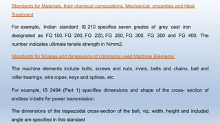 Standards for Materials, their chemical compositions, Mechanical properties and Heat
Treatment:
For example, Indian standard IS 210 specifies seven grades of grey cast iron
designated as FG 150, FG 200, FG 220, FG 260, FG 300, FG 350 and FG 400. The
number indicates ultimate tensile strength in N/mm2.
Standards for Shapes and dimensions of commonly used Machine Elements:
The machine elements include bolts, screws and nuts, rivets, belts and chains, ball and
roller bearings, wire ropes, keys and splines, etc
For example, IS 2494 (Part 1) specifies dimensions and shape of the cross- section of
endless V-belts for power transmission.
The dimensions of the trapezoidal cross-section of the belt, viz. width, height and included
angle are specified in this standard
 