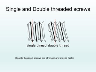 Single and Double threaded screws
Double threaded screws are stronger and moves faster
 