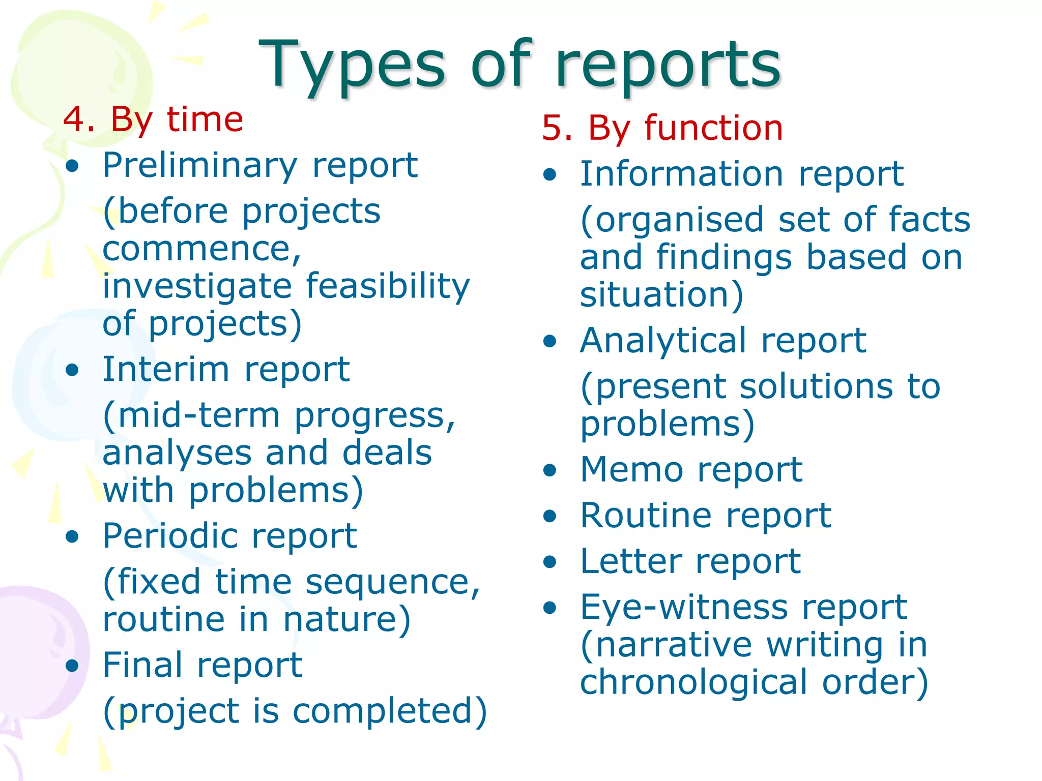 Types of reports
4. By time
• Preliminary report
(before projects
commence,
investigate feasibility
of projects)
• Interim report
(mid-term progress,
analyses and deals
with problems)
• Periodic report
(fixed time sequence,
routine in nature)
• Final report
(project is completed)
5. By function
• Information report
(organised set of facts
and findings based on
situation)
• Analytical report
(present solutions to
problems)
• Memo report
• Routine report
• Letter report
• Eye-witness report
(narrative writing in
chronological order)
 