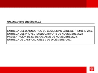 CALENDARIO O CRONOGRAMA
ENTREGA DEL DIAGNOSTICO DE COMUNIDAD-23 DE SEPTIEMBRE-2023.
ENTREGA DEL PROYECTO EDUCATIVO-18 DE NOVIEMBRE-2023.
PRESENTACIÓN DE EVIDENACIAS 25 DE NOVIEMBRE-2023.
ENTREGA DE CALIFICACIONES 2 DE DICIEMBRE -2023.
 
