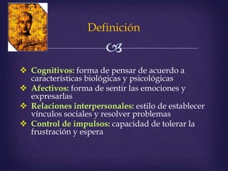 
Definición
 Cognitivos: forma de pensar de acuerdo a
características biológicas y psicológicas
 Afectivos: forma de sentir las emociones y
expresarlas
 Relaciones interpersonales: estilo de establecer
vínculos sociales y resolver problemas
 Control de impulsos: capacidad de tolerar la
frustración y espera
 