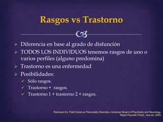 
Rasgos vs Trastorno
 Diferencia en base al grado de disfunción
 TODOS LOS INDIVIDUOS tenemos rasgos de uno o
varios perfiles (alguno predomina)
 Trastorno es una enfermedad
 Posibilidades:
 Sólo rasgos.
 Trastorno + rasgos.
 Trastorno 1 + trastorno 2 + rasgos.
Robinson DJ. Field Guide yo Personality Disorders. American Board of Psychiatry and Neurology.
Rapid Psychler Press, 1era ed, 2005.
 
