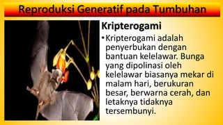 Reproduksi Generatif pada Tumbuhan
Kripterogami
•Kripterogami adalah
penyerbukan dengan
bantuan kelelawar. Bunga
yang dipolinasi oleh
kelelawar biasanya mekar di
malam hari, berukuran
besar, berwarna cerah, dan
letaknya tidaknya
tersembunyi.
 