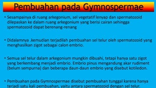 Pembuahan pada Gymnospermae
• Sesampainya di ruang arkegonium, sel vegetatif lenyap dan spermatozoid
dilepaskan ke dalam ruang arkegonium yang berisi cairan sehingga
spermatozoid dapat berenang-renang
• Didalamnya .kemudian terjadilah pembuahan sel telur oleh spermatozoid yang
menghasilkan zigot sebagai calon embrio.
• Semua sel telur dalam arkegonium mungkin dibuahi, tetapi hanya satu zigot
yang berkembang menjadi embrio. Embrio pinus mengandung akar rudiment
(belum sempurna) dan beberapa daun-daun embrio yang disebut kotiledon.
• Pembuahan pada Gymnospermae disebut pembuahan tunggal karena hanya
terjadi satu kali pembuahan, yaitu antara spermatozoid dengan sel telur.
 