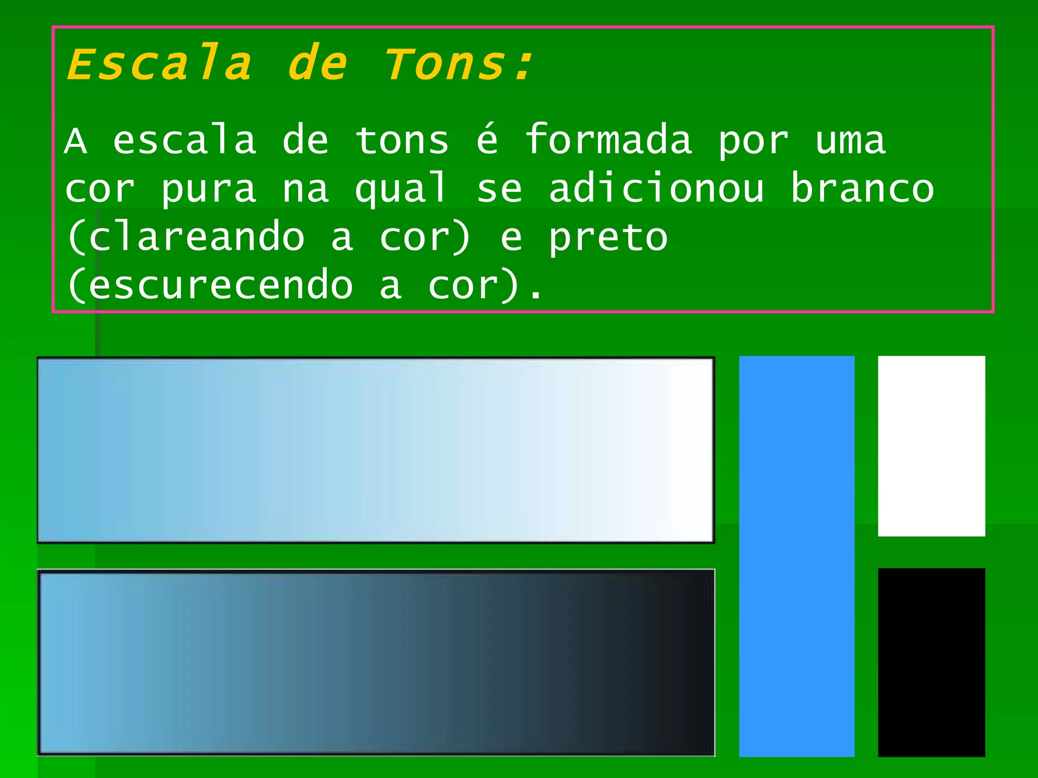Escala de Tons: A escala de tons é formada por uma cor pura na qual se adicionou branco (clareando a cor) e preto (escurecendo a cor). 