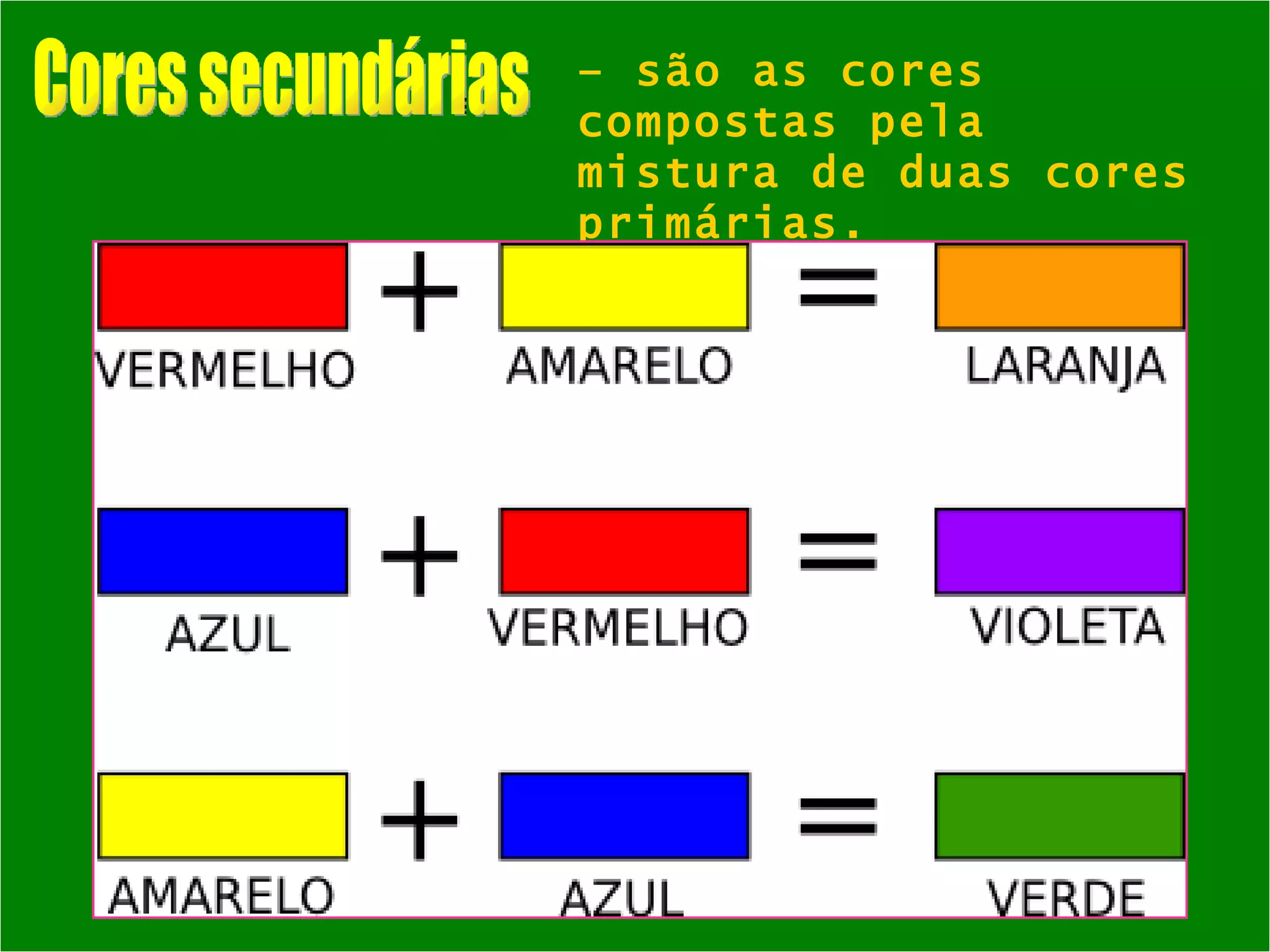 Cores secundárias –  são as cores compostas pela mistura de duas cores primárias. 