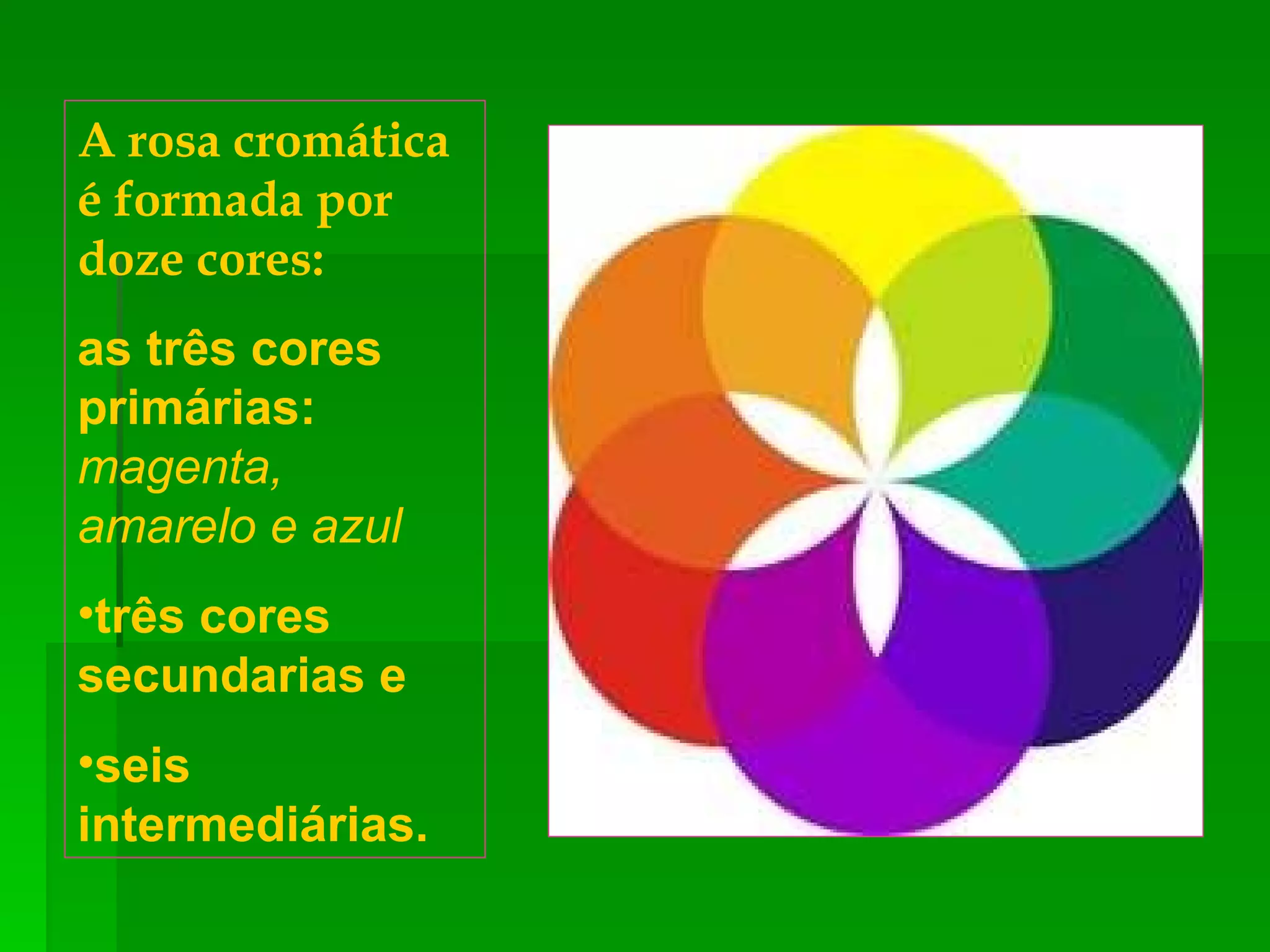 A rosa cromática é formada por doze cores:   as três cores primárias:  magenta, amarelo e azul três cores secundarias e  seis intermediárias. 