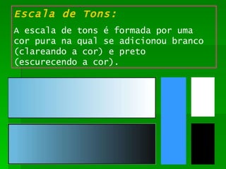 Escala de Tons: A escala de tons é formada por uma cor pura na qual se adicionou branco (clareando a cor) e preto (escurecendo a cor). 