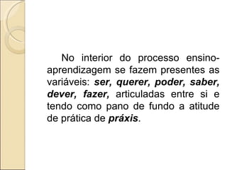 No interior do processo ensino-aprendizagem se fazem presentes as variáveis:  ser, querer, poder, saber, dever, fazer,  articuladas entre si e tendo como pano de fundo a atitude de prática de  práxis . 