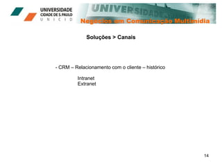 Negócios em Comunicação Multimídia Soluções > Canais CRM – Relacionamento com o cliente – histórico Intranet Extranet 
