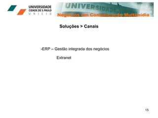 Negócios em Comunicação Multimídia Soluções > Canais ERP – Gestão integrada dos negócios Extranet 