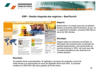 Negócios em Comunicação Multimídia ERP – Gestão integrada dos negócios – Basf-Suvinil Negócio:   Desenvolver um projeto para que os pedidos fossem produzidos eletronicamente, já que, só no segmento imobiliário, envolvem 800 itens e cerca de 300 clientes. Estratégia :  Integrar todas as empresas envolvidas na fabricação dos produtos para a produção de pedidos padronizados, com percentuais de acertos próximos a 100%, de modo que não houvesse desistência nem abandono do modelo adotado.  Resultado:  Os pedidos foram automatizados, foi agilizado o processo de produção e envio de notas fiscais e as devoluções por erros de digitação diminuíram 98%. A empresa recebeu em 2004 90% dos seus pedidos de forma online. 