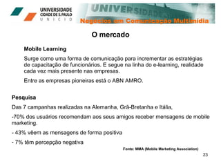 Negócios em Comunicação Multimídia O mercado Mobile Learning Surge como uma forma de comunicação para incrementar as estratégias de capacitação de funcionários. E segue na linha do e-learning, realidade cada vez mais presente nas empresas. Entre as empresas pioneiras está o ABN AMRO. Pesquisa Das 7 campanhas realizadas na Alemanha, Grã-Bretanha e Itália,  70% dos usuários recomendam aos seus amigos receber mensagens de mobile marketing.  43% vêem as mensagens de forma positiva 7% têm percepção negativa Fonte: MMA (Mobile Marketing Association) 