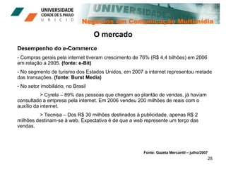 Negócios em Comunicação Multimídia O mercado Desempenho do e-Commerce Compras gerais pela internet tiveram crescimento de 76% (R$ 4,4 bilhões) em 2006 em relação a 2005.  (fonte: e-Bit) No segmento de turismo dos Estados Unidos, em 2007 a internet representou metade das transações.  (fonte: Burst Media) No setor imobiliário, no Brasil > Cyrela – 89% das pessoas que chegam ao plantão de vendas, já haviam consultado a empresa pela internet. Em 2006 vendeu 200 milhões de reais com o auxílio da internet. > Tecnisa – Dos R$ 30 milhões destinados à publicidade, apenas R$ 2 milhões destinam-se à web. Expectativa é de que a web represente um terço das vendas. Fonte: Gazeta Mercantil – julho/2007 