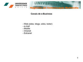 Negócios em Comunicação Multimídia Canais de e-Business Web (sites, blogs, wikis, twiter) e-mail Mobile Intranet Extranet 