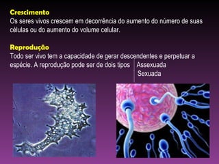 Crescimento Os seres vivos crescem em decorrência do aumento do número de suas células ou do aumento do volume celular. Reprodução Todo ser vivo tem a capacidade de gerar descendentes e perpetuar a espécie. A reprodução pode ser de dois tipos  Assexuada Sexuada 