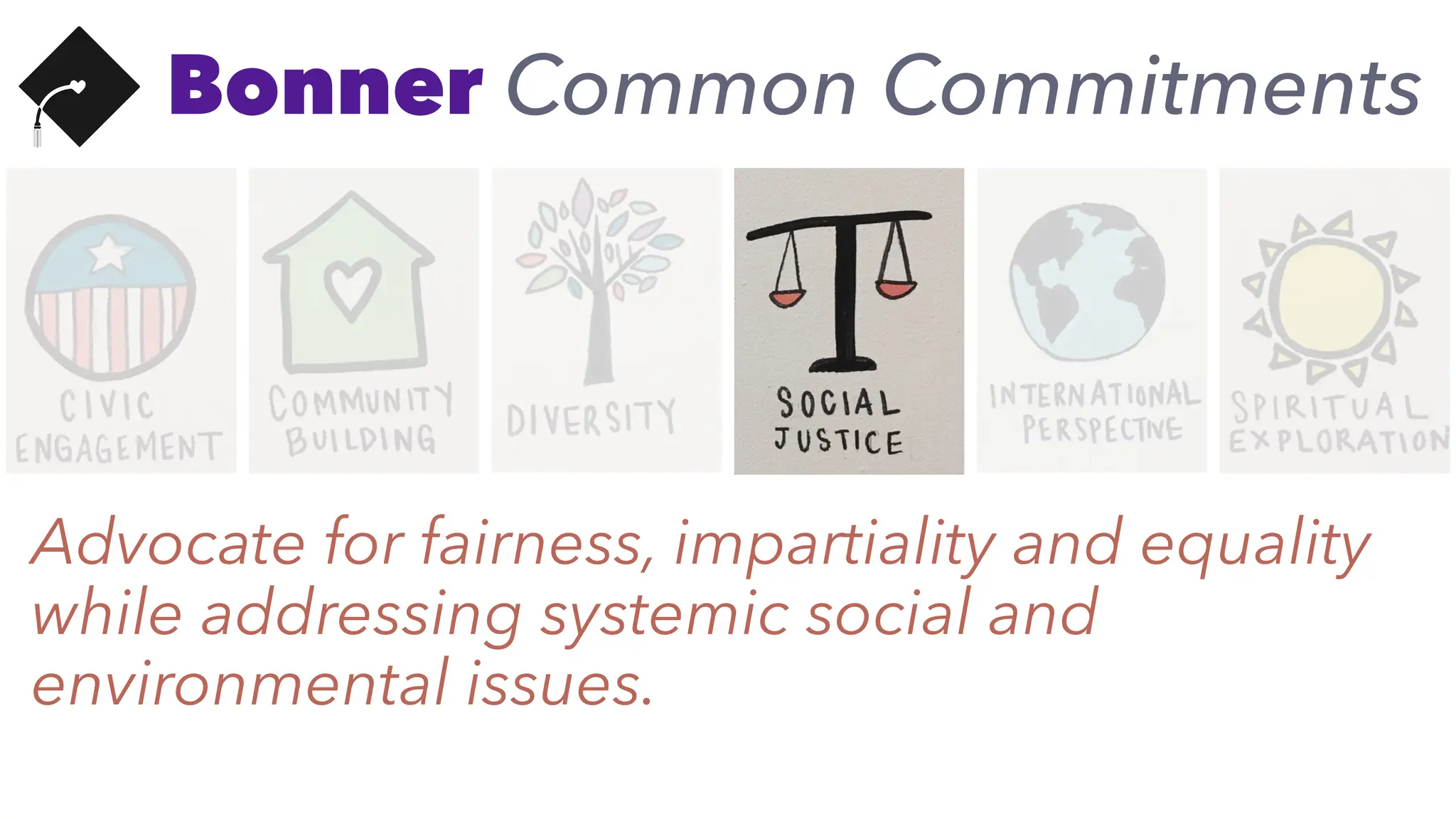Bonner Common Commitments
Advocate for fairness, impartiality and equality
while addressing systemic social and
environmental issues.
 