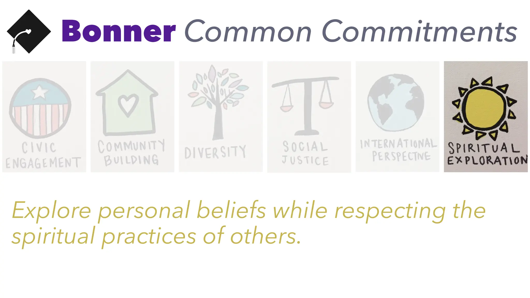 Bonner Common Commitments
Explore personal beliefs while respecting the
spiritual practices of others.
 