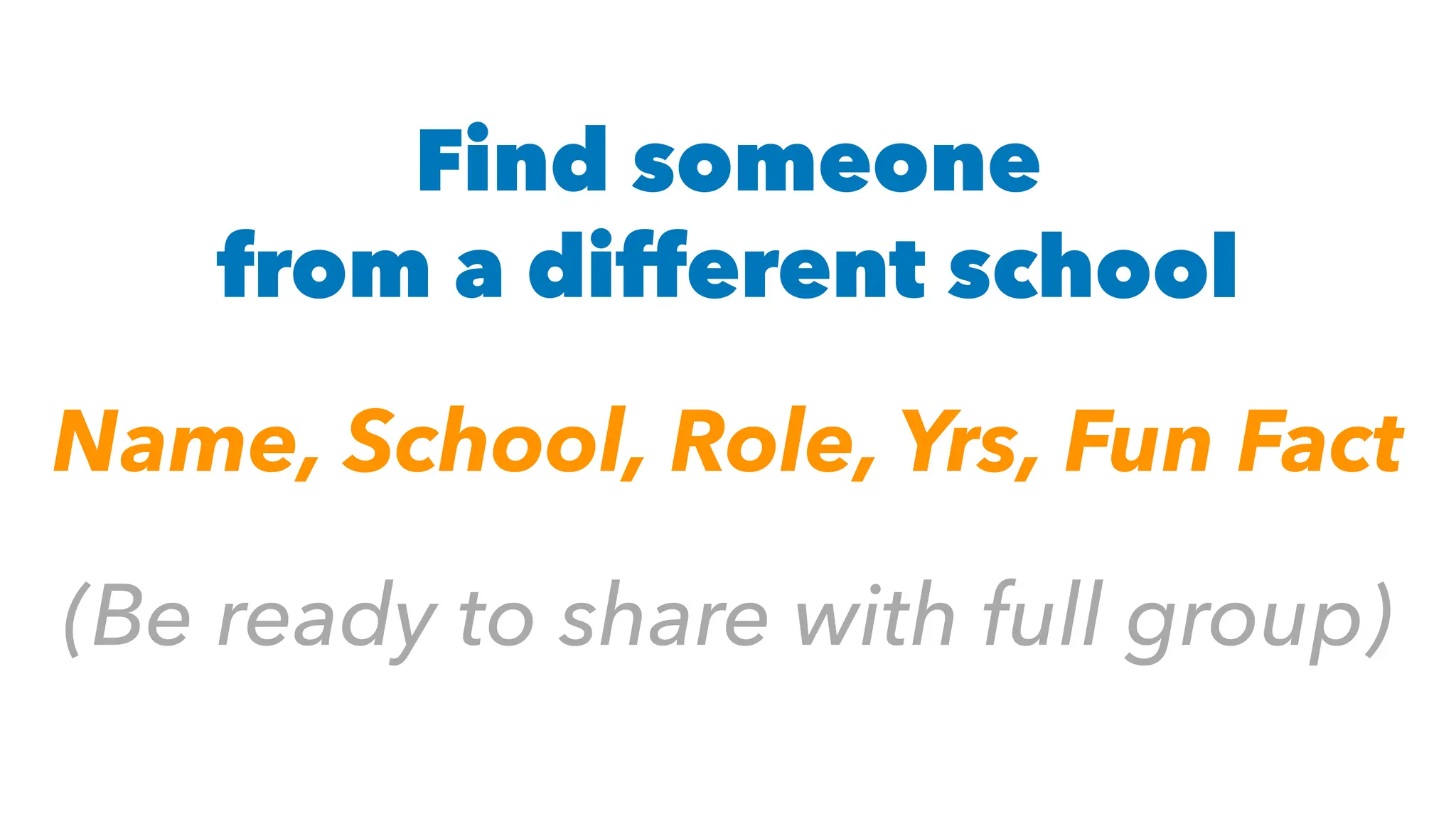 Find someone
from a different school
Name, School, Role, Yrs, Fun Fact
(Be ready to share with full group)
 