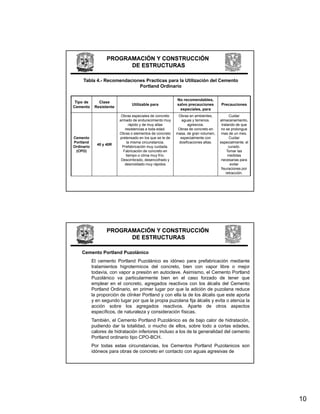 PROGRAMACIÓN Y CONSTRUCCIÓN
                         DE ESTRUCTURAS

     Tabla 4.- Recomendaciones Practicas para la Utilización del Cemento
                            Portland Ordinario

                                                           No recomendables,
 Tipo de       Clase
                                 Utilizable para           salvo precauciones       Precauciones
Cemento      Resistente
                                                            especiales, para
                           Obras especiales de concreto     Obras en ambientes,            Cuidar
                          armado de endurecimiento muy        aguas y terrenos.     almacenamiento,
                                rápido y de muy altas            agresivos.          tratando de que
                             resistencias a toda edad.      Obras de concreto en     no se prolongue
                          Obras o elementos de concreto    masa, de gran volumen,    mas de un mes.
Cemento                   pretensado en los que se le de     especialmente con             Cuidar
Portland                      la misma circunstancia.       dosificaciones altas.   especialmente, el
              40 y 40R
Ordinario                  Prefabricación muy cuidada.                                    curado.
 (CPO)                      Fabricación de concreto en                                   Tomar las
                              tiempo o clima muy frío.                                    medidas
                           Descimbrado, desencofrado y                               necesarias para
                             desmoldado muy rápidos                                        evitar
                                                                                     fisuraciones por
                                                                                        retracción.




                   PROGRAMACIÓN Y CONSTRUCCIÓN
                         DE ESTRUCTURAS

    Cemento Portland Puzolánico
            El cemento Portland Puzolánico es idóneo para prefabricación mediante
            tratamientos higrotermicos del concreto, bien con vapor libre o mejor
            todavía, con vapor a presión en autoclave. Asimismo, el Cemento Portland
            Puzolánico va particularmente bien en el caso forzado de tener que
            emplear en el concreto, agregados reactivos con los álcalis del Cemento
            Portland Ordinario, en primer lugar por que la adición de puzolana reduce
            la proporción de clínker Portland y con ella la de los álcalis que este aporta
            y en segundo lugar por que la propia puzolana fija álcalis y evita o atenúa la
            acción sobre los agregados reactivos. Aparte de otros aspectos
            específicos, de naturaleza y consideración físicas.
            También, el Cemento Portland Puzolánico es de bajo calor de hidratación,
            pudiendo dar la totalidad, o mucho de ellos, sobre todo a cortas edades,
            calores de hidratación inferiores incluso a los de la generalidad del cemento
            Portland ordinario tipo CPO-BCH.
            Por todas estas circunstancias, los Cementos Portland Puzolanicos son
            idóneos para obras de concreto en contacto con aguas agresivas de




                                                                                                        10
 