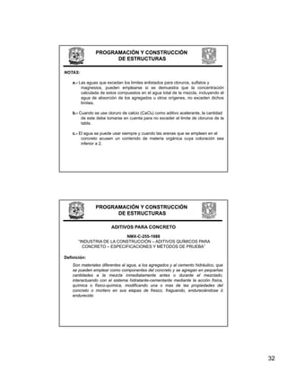 PROGRAMACIÓN Y CONSTRUCCIÓN
                      DE ESTRUCTURAS

NOTAS:

    a.- Las aguas que excedan los limites enlistados para cloruros, sulfatos y
         magnesios,
         magnesios pueden emplearse si se demuestra que la concentración
         calculada de estos compuestos en el agua total de la mezcla, incluyendo el
         agua de absorción de los agregados u otros orígenes, no exceden dichos
         limites.

    b.- Cuando se use cloruro de calcio (CaCl₂) como aditivo acelerante, la cantidad
         de este debe tomarse en cuenta para no exceder el limite de cloruros de la
         tabla.

    c.- El agua se puede usar siempre y cuando las arenas que se empleen en el
         concreto acusen un contenido de materia orgánica cuya coloración sea
         inferior a 2.




                PROGRAMACIÓN Y CONSTRUCCIÓN
                      DE ESTRUCTURAS

                        ADITIVOS PARA CONCRETO
                           NMX-C-255-1988
       “INDUSTRIA DE LA CONSTRUCCIÓN – ADITIVOS QUÍMICOS PARA
        INDUSTRIA
         CONCRETO – ESPECIFICACIONES Y MÉTODOS DE PRUEBA”

Definición:
    Son materiales diferentes al agua, a los agregados y al cemento hidráulico, que
    se pueden emplear como componentes del concreto y se agregan en pequeñas
    cantidades a la mezcla inmediatamente antes o durante el mezclado,
    interactuando con el sistema hidratante-cementante mediante la acción física,
    química o fí i
       í i      físico-química, modificando una o mas d l
                         í i       difi   d               de las propiedades d l
                                                                       i d d     del
    concreto o mortero en sus etapas de fresco, fraguando, endureciéndose ó
    endurecido




                                                                                       32
 