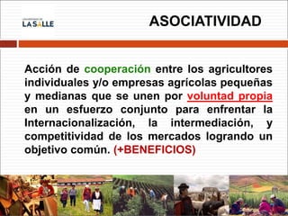Acción de cooperación entre los agricultores
individuales y/o empresas agrícolas pequeñas
y medianas que se unen por voluntad propia
en un esfuerzo conjunto para enfrentar la
Internacionalización, la intermediación, y
competitividad de los mercados logrando un
objetivo común. (+BENEFICIOS)
ASOCIATIVIDAD
 