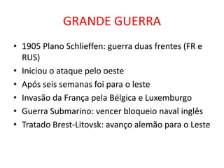 GRANDE GUERRA
• 1905 Plano Schlieffen: guerra duas frentes (FR e
  RUS)
• Iniciou o ataque pelo oeste
• Após seis semanas foi para o leste
• Invasão da França pela Bélgica e Luxemburgo
• Guerra Submarino: vencer bloqueio naval inglês
• Tratado Brest-Litovsk: avanço alemão para o Leste
 