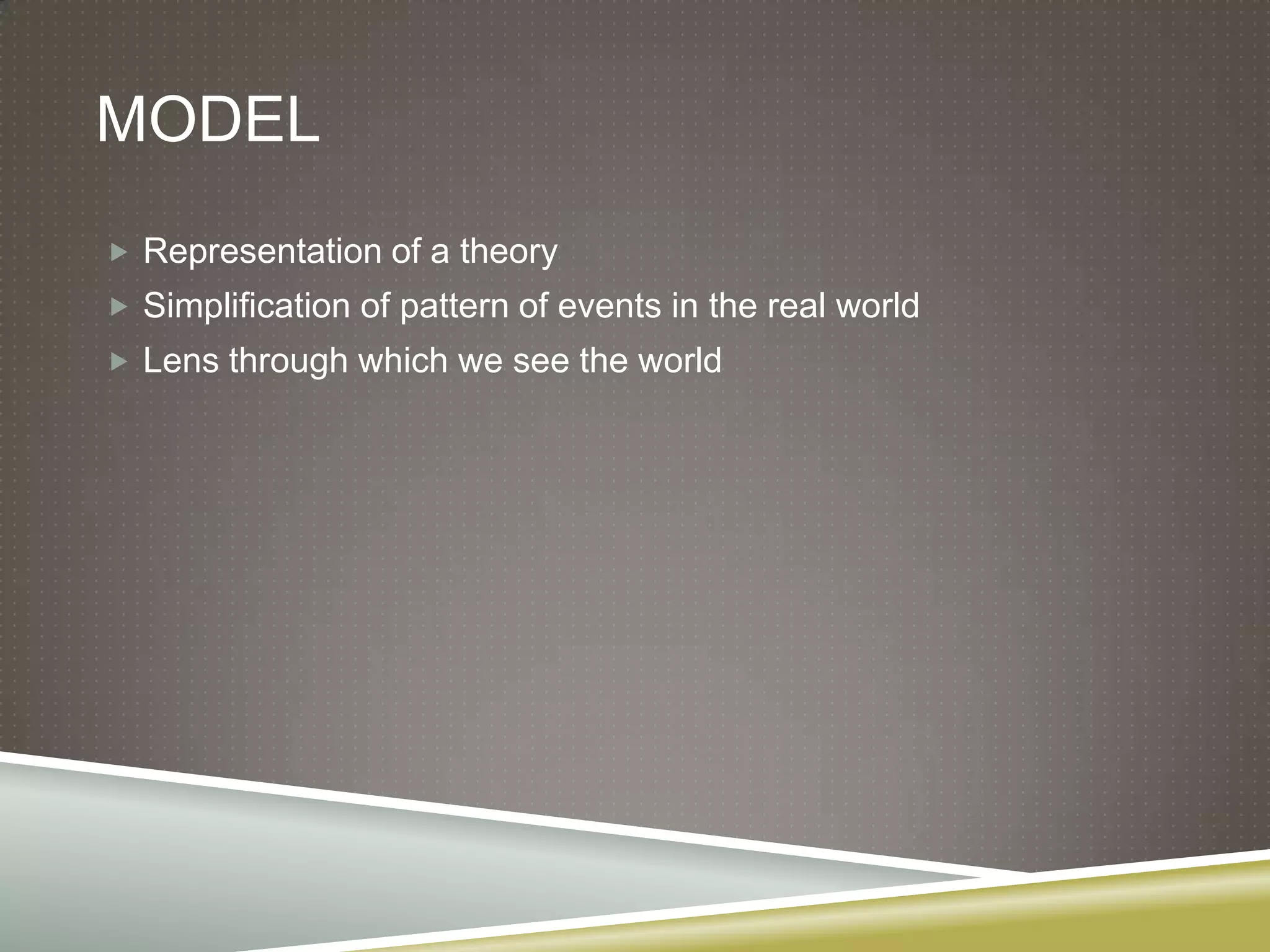 ModelRepresentation of a theorySimplification of pattern of events in the real worldLens through which we see the world