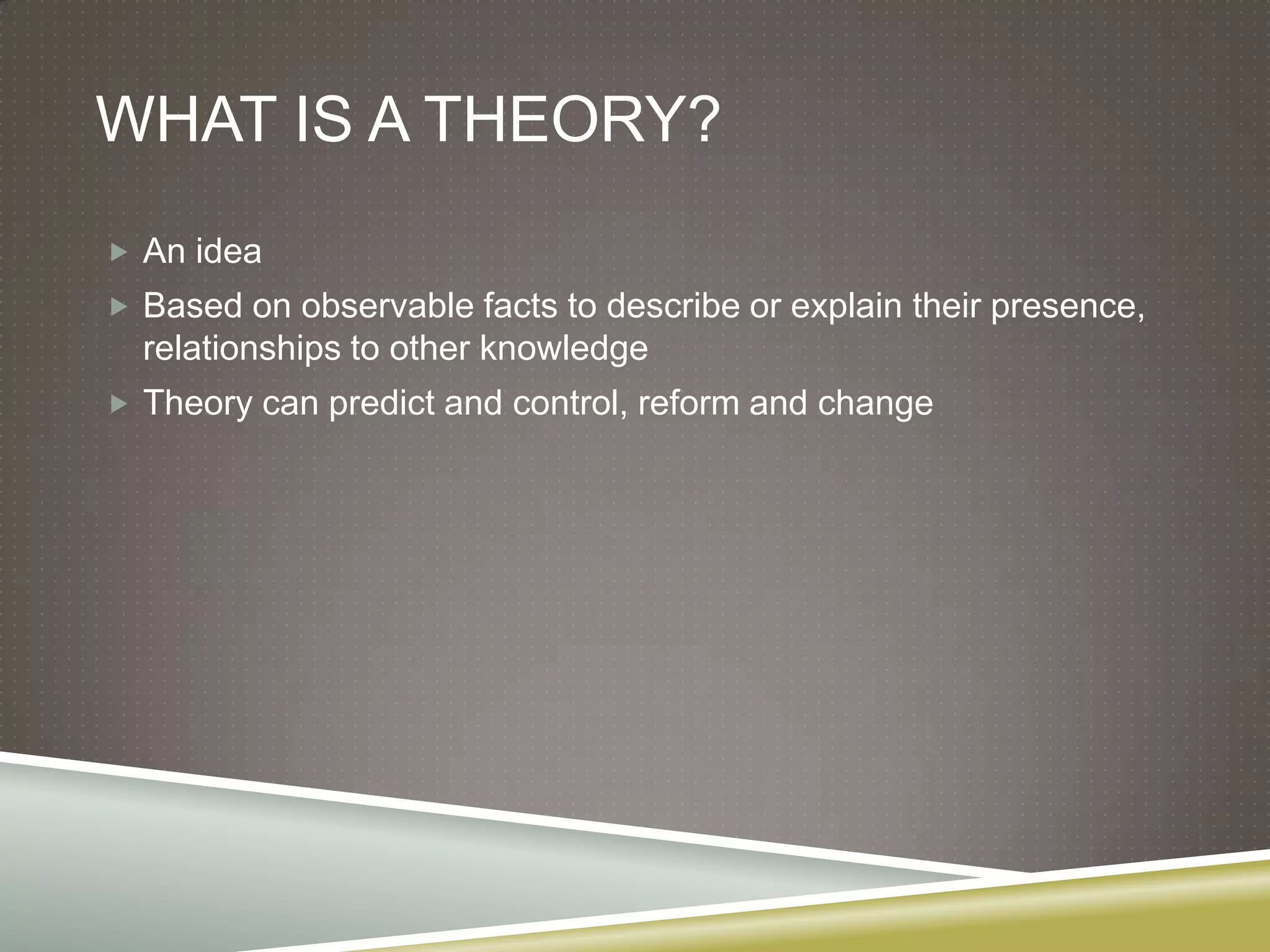 What is a theory?An ideaBased on observable facts to describe or explain their presence, relationships to other knowledgeTheory can predict and control, reform and change