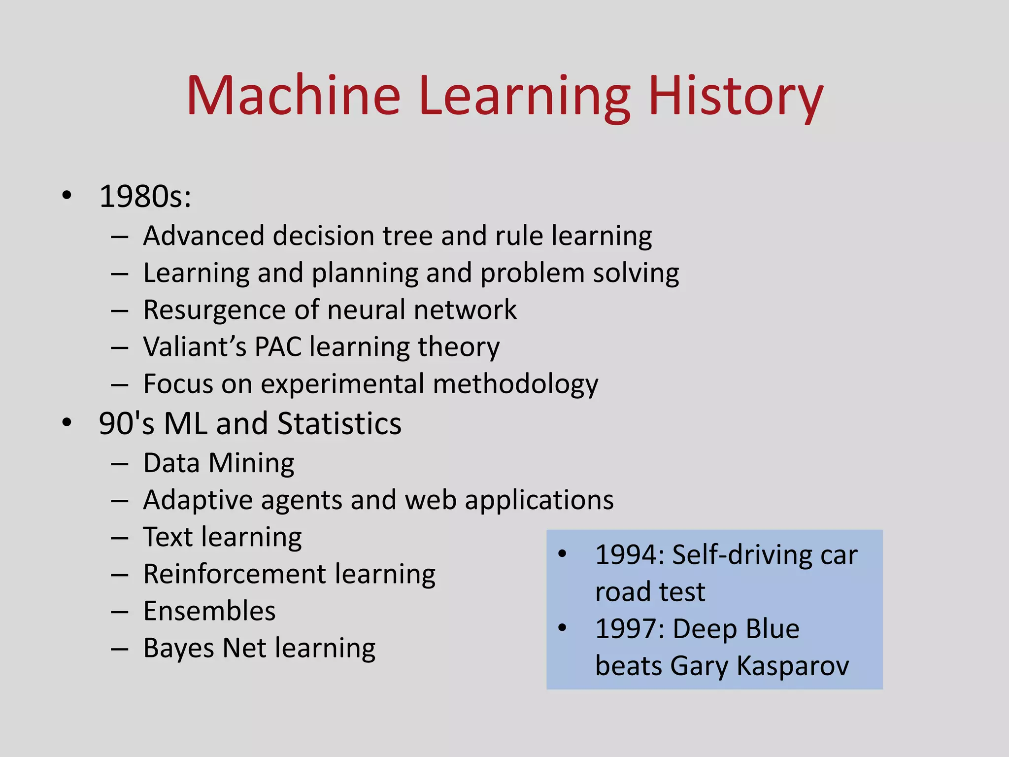 Machine Learning History
• 1980s:
– Advanced decision tree and rule learning
– Learning and planning and problem solving
– Resurgence of neural network
– Valia t’s PAC learning theory
– Focus on experimental methodology
• 90's ML and Statistics
– Data Mining
– Adaptive agents and web applications
– Text learning
– Reinforcement learning
– Ensembles
– Bayes Net learning
• 1994: Self-driving car
road test
• 1997: Deep Blue
beats Gary Kasparov
 