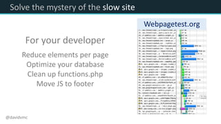 Solve the mystery of the slow site
@davidvmc
For your developer
Reduce elements per page
Optimize your database
Clean up functions.php
Move JS to footer
Webpagetest.org
 