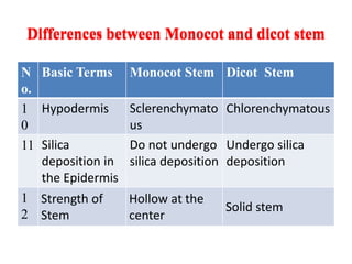 Differences between Monocot and dicot stem
N
o.
Basic Terms Monocot Stem Dicot Stem
1
0
Hypodermis Sclerenchymato
us
Chlorenchymatous
11 Silica
deposition in
the Epidermis
Do not undergo
silica deposition
Undergo silica
deposition
1
2
Strength of
Stem
Hollow at the
center
Solid stem
Differences between Monocot and dicot stem
 