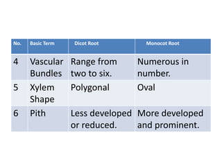 No. Basic Term Dicot Root Monocot Root
4 Vascular
Bundles
Range from
two to six.
Numerous in
number.
5 Xylem
Shape
Polygonal Oval
6 Pith Less developed
or reduced.
More developed
and prominent.
 