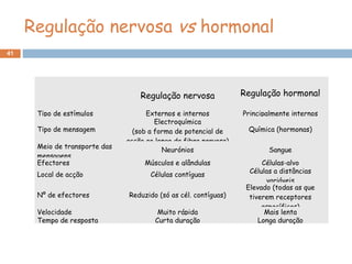 41
Regulação nervosa vs hormonal
Regulação nervosa Regulação hormonal
Tipo de estímulos Externos e internos Principalmente internos
Tipo de mensagem
Electroquímica
(sob a forma de potencial de
acção ao longo da fibra nervosa)
Química (hormonas)
Meio de transporte das
mensagens
Neurónios Sangue
Efectores Músculos e glândulas Células-alvo
Local de acção Células contíguas
Células a distâncias
variáveis
Nº de efectores Reduzido (só as cél. contíguas)
Elevado (todas as que
tiverem receptores
específicos)
Velocidade Muito rápida Mais lenta
Tempo de resposta Curta duração Longa duração
 
