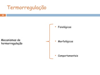 46
Termorregulação
Mecanismos de
termorregulação
 Fisiológicos
 Morfológicos
 Comportamentais
 