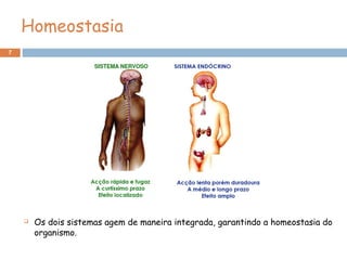 7
Homeostasia
 Os dois sistemas agem de maneira integrada, garantindo a homeostasia do
organismo.
 