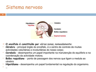 9
Sistema nervoso
 O encéfalo é constituído por várias zonas, nomeadamente:
 Cérebro - principal órgão do encéfalo, é o centro de controlo de muitas
actividades voluntárias e involuntárias do nosso corpo;
 Cerebelo - desempenha um papel importante na manutenção do equilíbrio e na
coordenação da actividade motora.
 Bolbo raquidiano - ponto de passagem dos nervos que ligam a medula ao
cérebro
 Hipotálamo - desempenha um papel fundamental na regulação do organismo.
 …
 