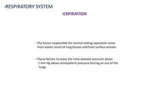 -RESPIRATORY SYSTEM
-EXPIRATION
--The forces responsible for normal resting expiration come
from elastic recoil of lung tissues and from surface tension
--These factors increase the intra-alveolar pressure about
1 mm Hg above atmospheric pressure forcing air out of the
lungs
 