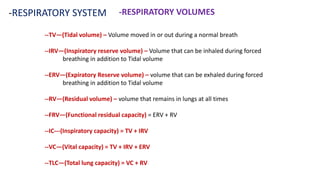 -RESPIRATORY SYSTEM -RESPIRATORY VOLUMES
--TV—(Tidal volume) – Volume moved in or out during a normal breath
--IRV—(Inspiratory reserve volume) – Volume that can be inhaled during forced
breathing in addition to Tidal volume
--ERV—(Expiratory Reserve volume) – volume that can be exhaled during forced
breathing in addition to Tidal volume
--RV—(Residual volume) – volume that remains in lungs at all times
--FRV—(Functional residual capacity) = ERV + RV
--IC---(Inspiratory capacity) = TV + IRV
--VC—(Vital capacity) = TV + IRV + ERV
--TLC—(Total lung capacity) = VC + RV
 