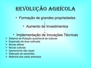 Revolução AGRÍCOLA Formação de grandes propriedades Aumento de Investimentos Implementação de Inovações Técnicas Sistema de Rotação quadrienal de culturas Expansão da área cultivada Novas alfaias Novas culturas Apuramento das raças  Selecção de sementes Melhoria dos solos arenosos  
