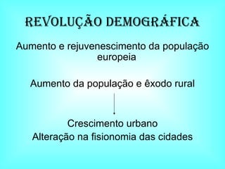 Revolução DEMOGRÁFICA Aumento e rejuvenescimento da população europeia Aumento da população e êxodo rural Crescimento urbano Alteração na fisionomia das cidades 