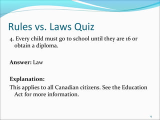 Rules vs. Laws Quiz
4. Every child must go to school until they are 16 or
obtain a diploma.
Answer: Law
Explanation:
This applies to all Canadian citizens. See the Education
Act for more information.
15
 