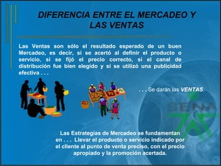 DIFERENCIA ENTRE EL MERCADEO Y LAS VENTAS Las Ventas son sólo el resultado esperado de un buen Mercadeo, es decir, si se acertó al definir el producto o servicio, si se fijó el precio correcto, si el canal de distribución fue bien elegido y si se utilizó una publicidad efectiva . . . . . .  Se darán las  VENTAS . Las Estrategias de Mercadeo se fundamentan en . . .  Llevar el producto o servicio indicado por el cliente al punto de venta preciso, con el precio apropiado y la promoción acertada. 