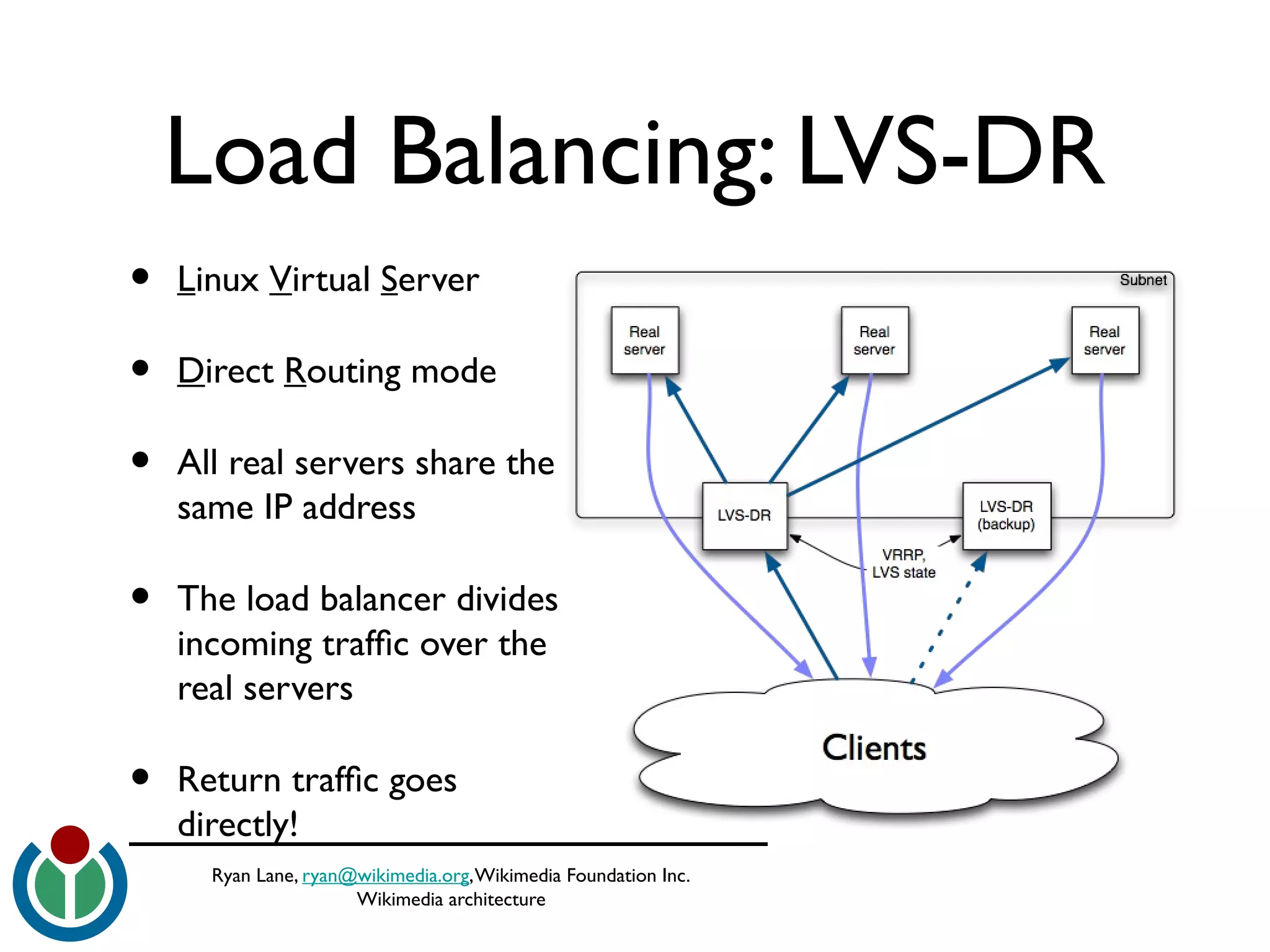 Ryan Lane, ryan@wikimedia.org,Wikimedia Foundation Inc.
Wikimedia architecture
Load Balancing: LVS-DR
• Linux Virtual Server
• Direct Routing mode
• All real servers share the
same IP address
• The load balancer divides
incoming traffc over the
real servers
• Return traffc goes
directly!
 