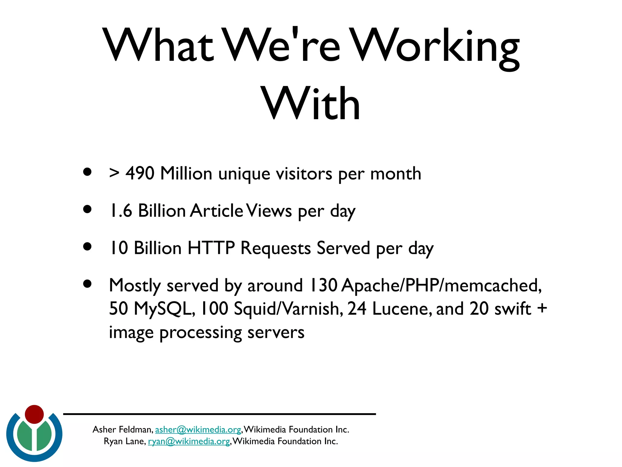 Asher Feldman, asher@wikimedia.org,Wikimedia Foundation Inc.
Ryan Lane, ryan@wikimedia.org,Wikimedia Foundation Inc.
What We're Working
With
• > 490 Million unique visitors per month
• 1.6 Billion ArticleViews per day
• 10 Billion HTTP Requests Served per day
• Mostly served by around 130 Apache/PHP/memcached,
50 MySQL, 100 Squid/Varnish, 24 Lucene, and 20 swift +
image processing servers
 