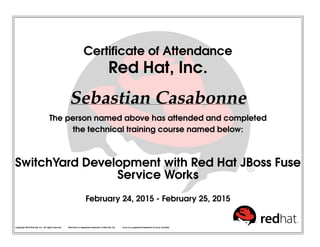 Certiﬁcate of Attendance
Red Hat, Inc.
Sebastian Casabonne
The person named above has attended and completed
the technical training course named below:
SwitchYard Development with Red Hat JBoss Fuse
Service Works
February 24, 2015 - February 25, 2015
Copyright 2010 Red Hat, Inc. All rights reserved. Red Hat is a registered trademark of Red Hat, Inc. Linux is a registered trademark of Linus Torvalds.
 