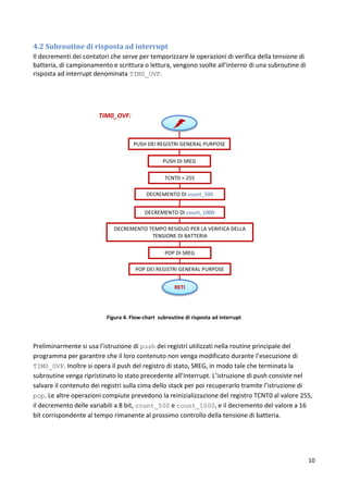 10
4.2 Subroutine di risposta ad interrupt
Il decrementi dei contatori che serve per temporizzare le operazioni di verifica della tensione di
batteria, di campionamento e scrittura o lettura, vengono svolte all’interno di una subroutine di
risposta ad interrupt denominata TIM0_OVF.
Figura 4. Flow-chart subroutine di risposta ad interrupt
Preliminarmente si usa l’istruzione di push dei registri utilizzati nella routine principale del
programma per garantire che il loro contenuto non venga modificato durante l’esecuzione di
TIM0_OVF. Inoltre si opera il push del registro di stato, SREG, in modo tale che terminata la
subroutine venga ripristinato lo stato precedente all’interrupt. L’istruzione di push consiste nel
salvare il contenuto dei registri sulla cima dello stack per poi recuperarlo tramite l’istruzione di
pop. Le altre operazioni compiute prevedono la reinizializzazione del registro TCNT0 al valore 255,
il decremento delle variabili a 8 bit, count_500 e count_1000, e il decremento del valore a 16
bit corrispondente al tempo rimanente al prossimo controllo della tensione di batteria.
 